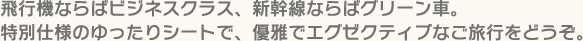飛行機ならばビジネスクラス、新幹線ならばグリーン車。特別仕様のゆったりシートで、優雅でエグゼクティブなご旅行をどうぞ。