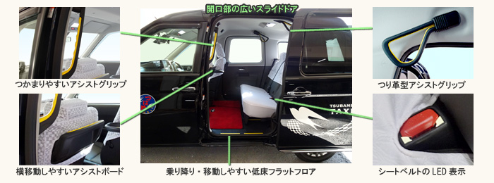 広いドア、低床フラットフロア、アシストグリップ